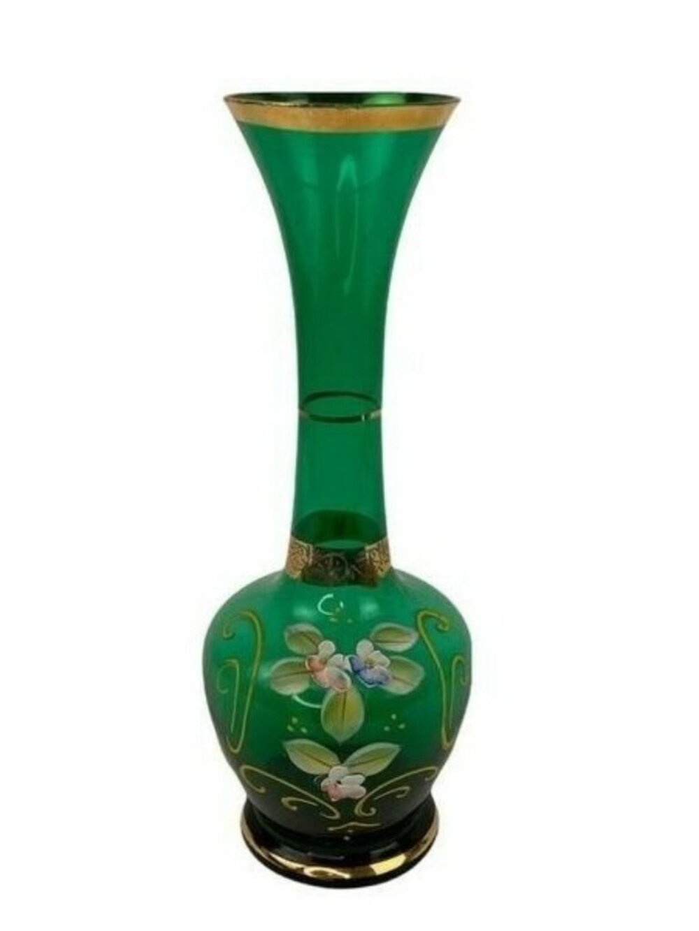 -Vintage Venetian Green Glass Vase ~ Hand Painted Floral and Gold Trim